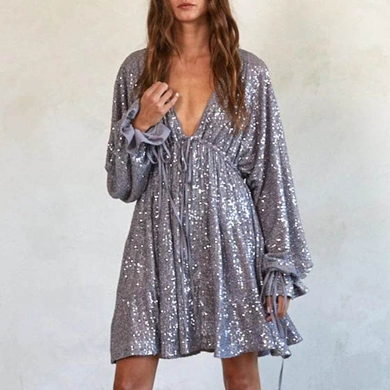 Jessica - Mini-robe scintillante à col en V