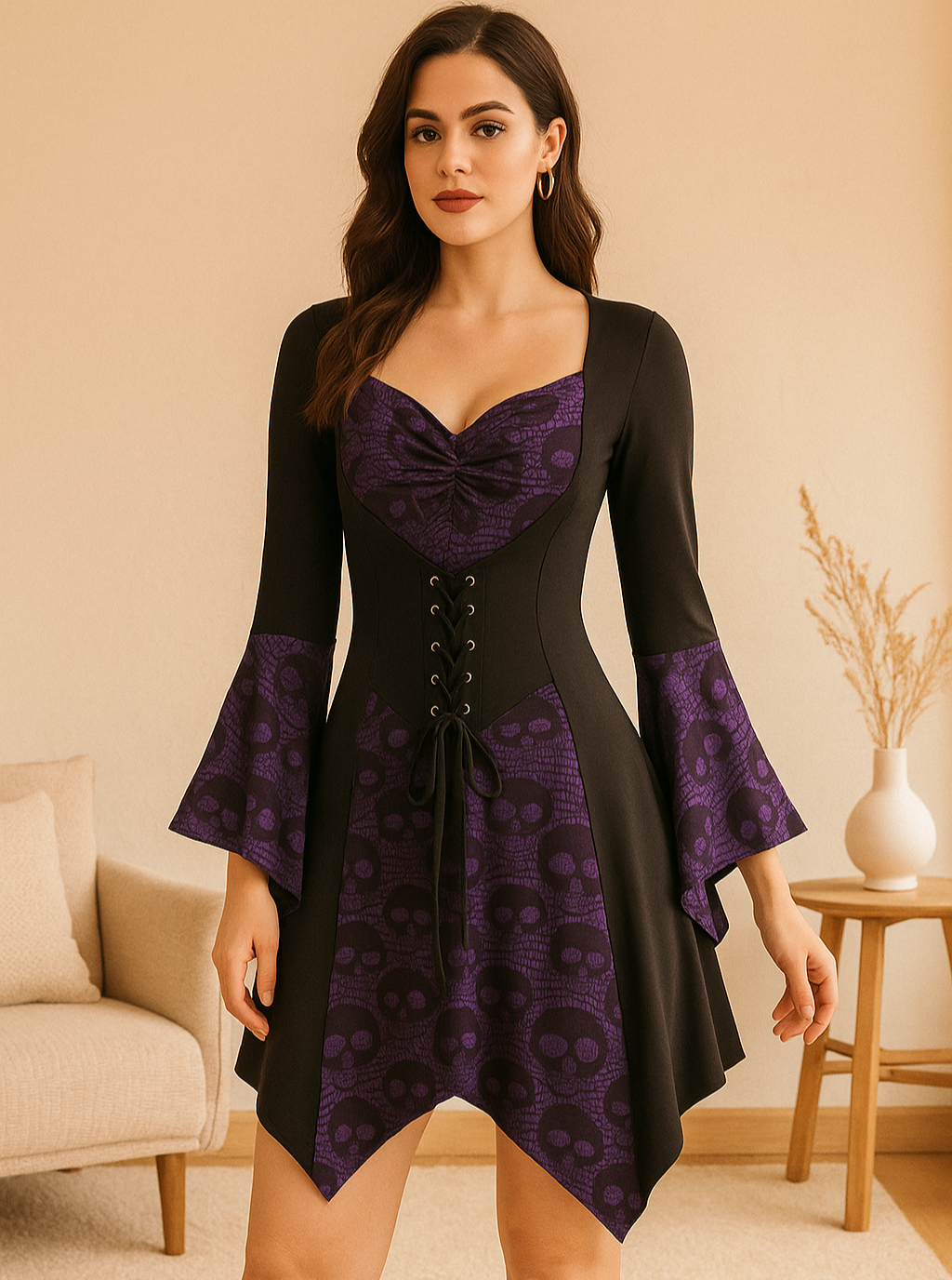 Chemisier gothique SkullLace – Blouse pour femmes avec imprimé crâne et corset à la taille