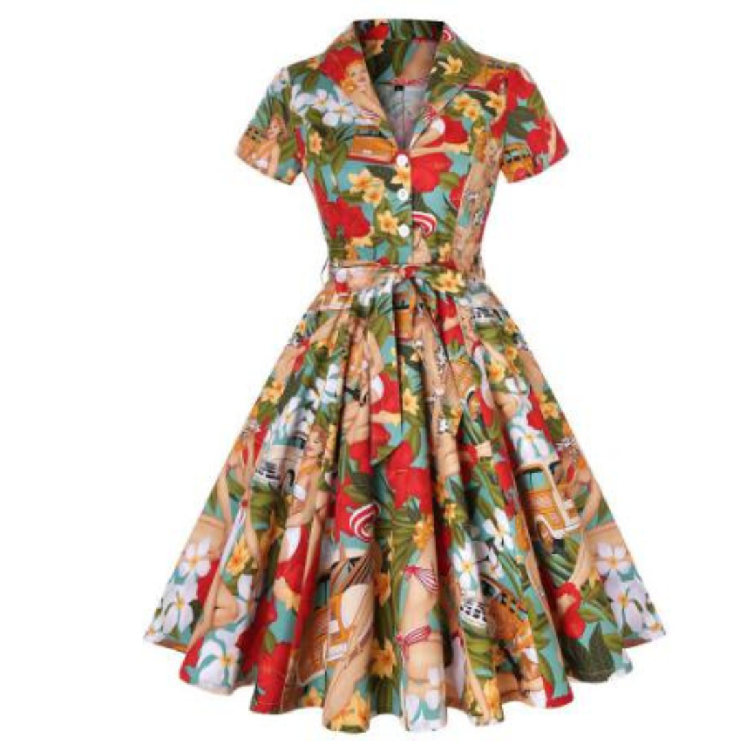 Sandrina - Robe d'été inspirée avec impression artistique et ceinture