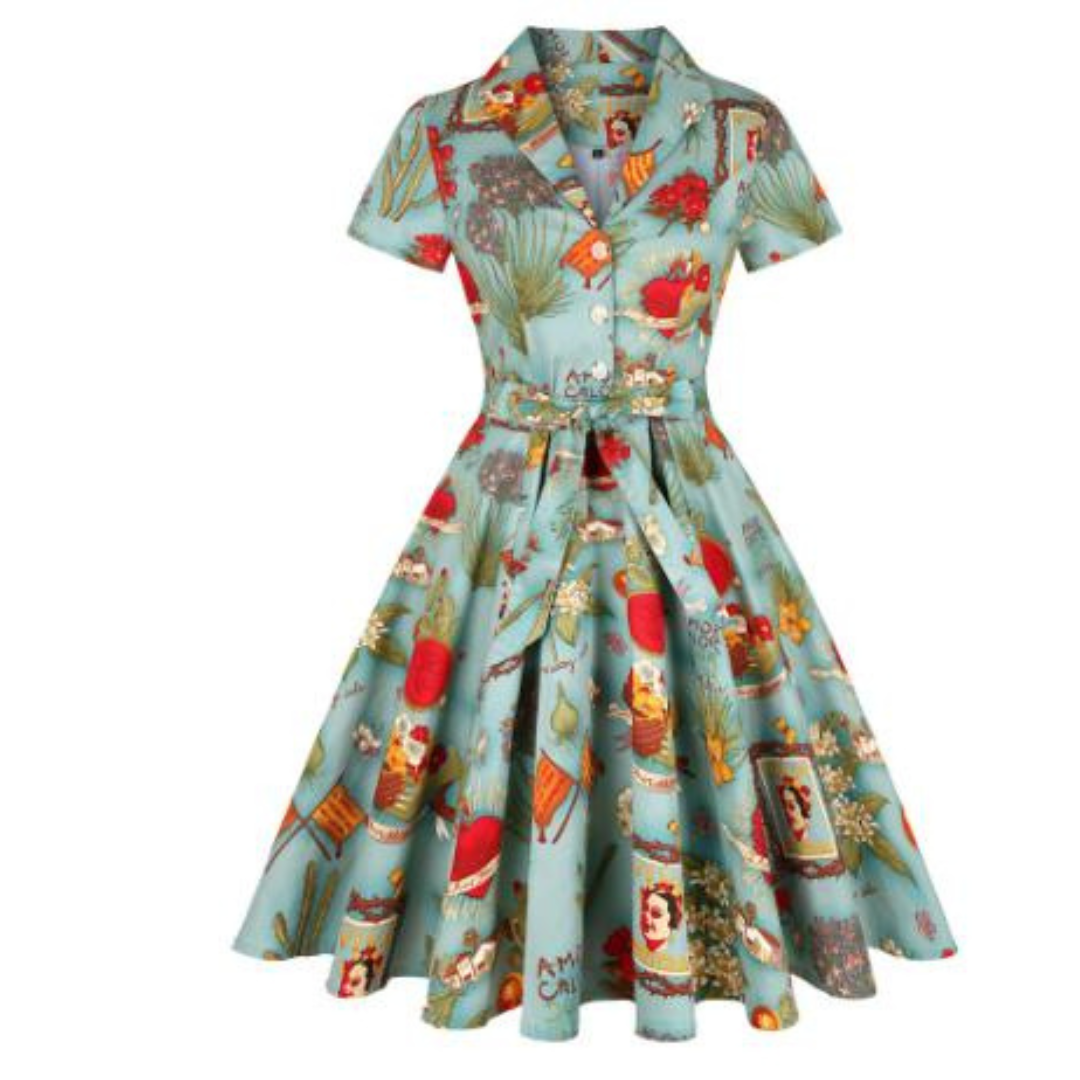 Sandrina - Robe d'été inspirée avec impression artistique et ceinture
