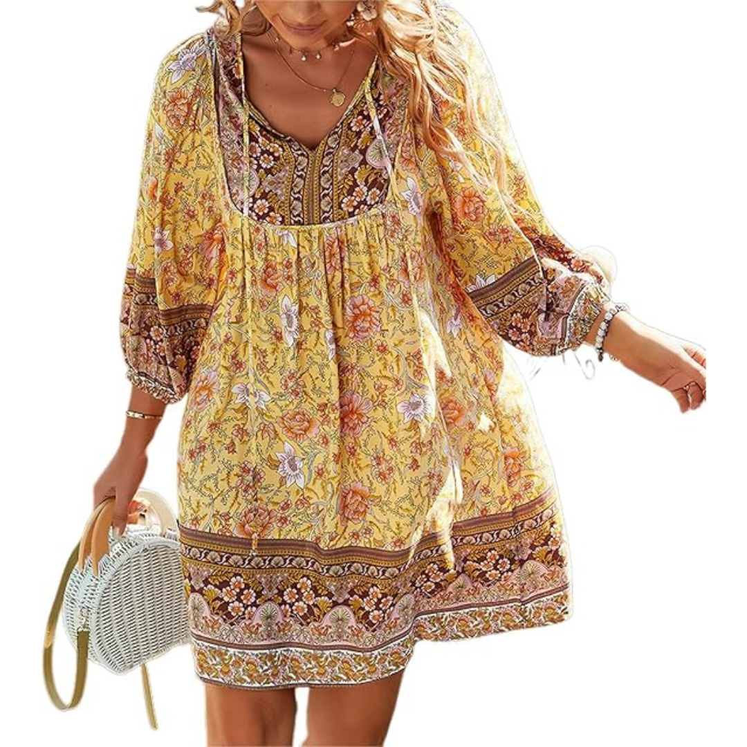Judea - Robe mi-longue bohème fleurie coupe décontractée