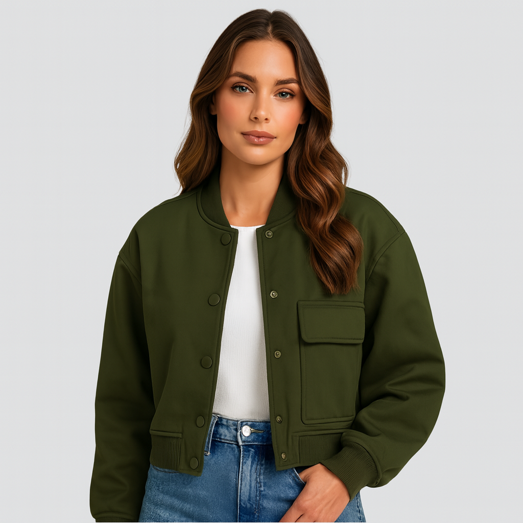 Blouson aviateur court pour femme – Poches à rabat et fermeture à bouton-pression