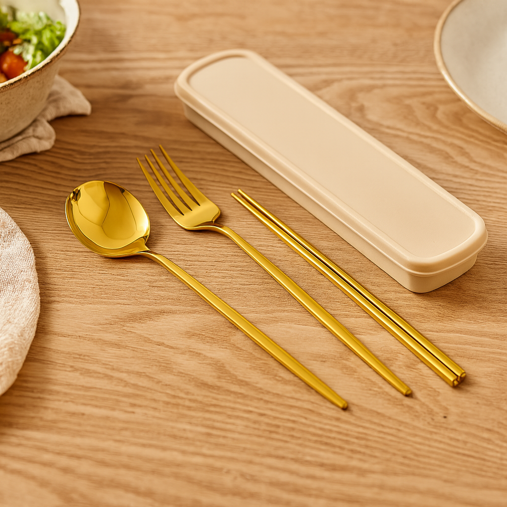 Zeyora | Ensemble de couverts de voyage de 4 pièces et set de baguettes en acier inoxydable avec support