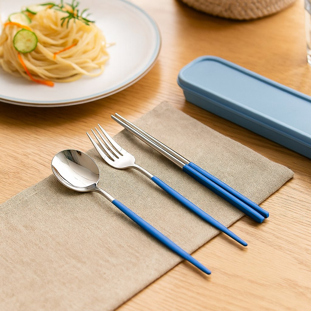 Zeyora | Ensemble de couverts de voyage de 4 pièces et set de baguettes en acier inoxydable avec support