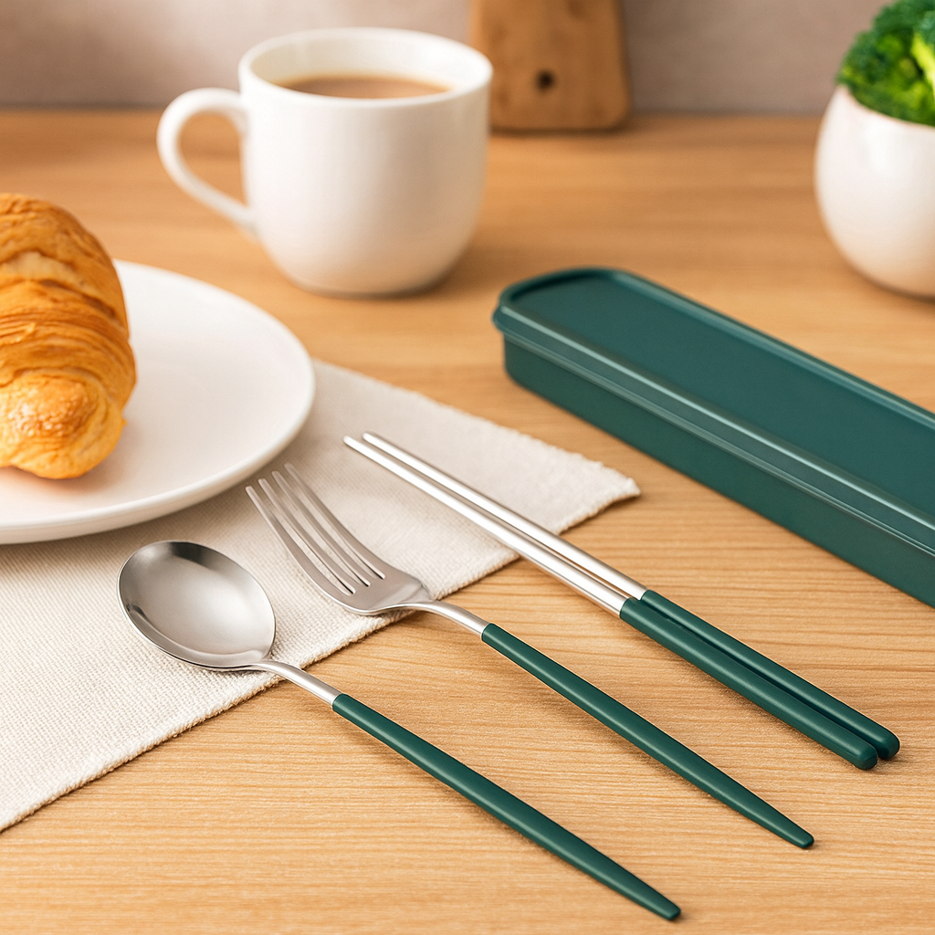 Zeyora | Ensemble de couverts de voyage de 4 pièces et set de baguettes en acier inoxydable avec support