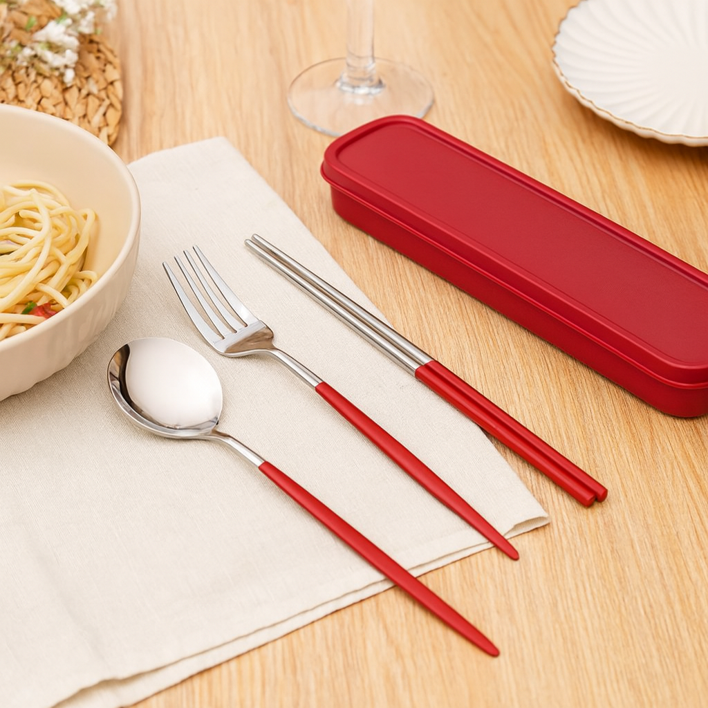 Zeyora | Ensemble de couverts de voyage de 4 pièces et set de baguettes en acier inoxydable avec support