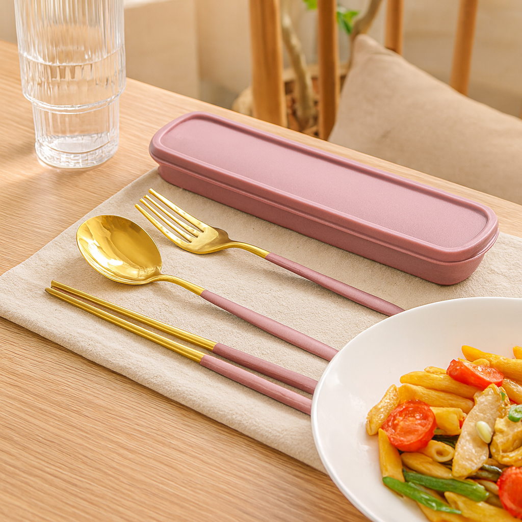 Zeyora | Ensemble de couverts de voyage de 4 pièces et set de baguettes en acier inoxydable avec support