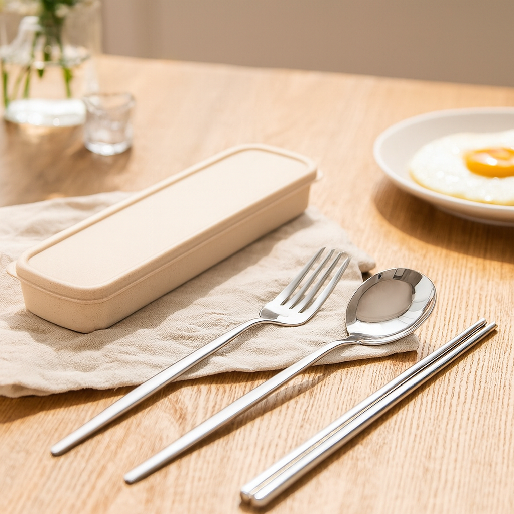Zeyora | Ensemble de couverts de voyage de 4 pièces et set de baguettes en acier inoxydable avec support