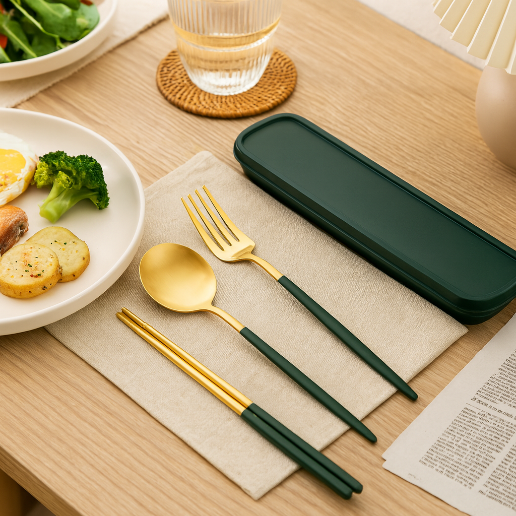 Zeyora | Ensemble de couverts de voyage de 4 pièces et set de baguettes en acier inoxydable avec support