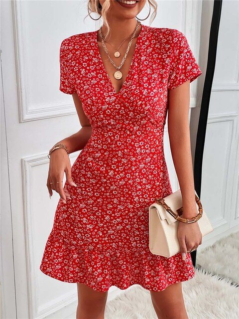 Therese – Élégante mini robe Boho à décolleté en V avec imprimé floral