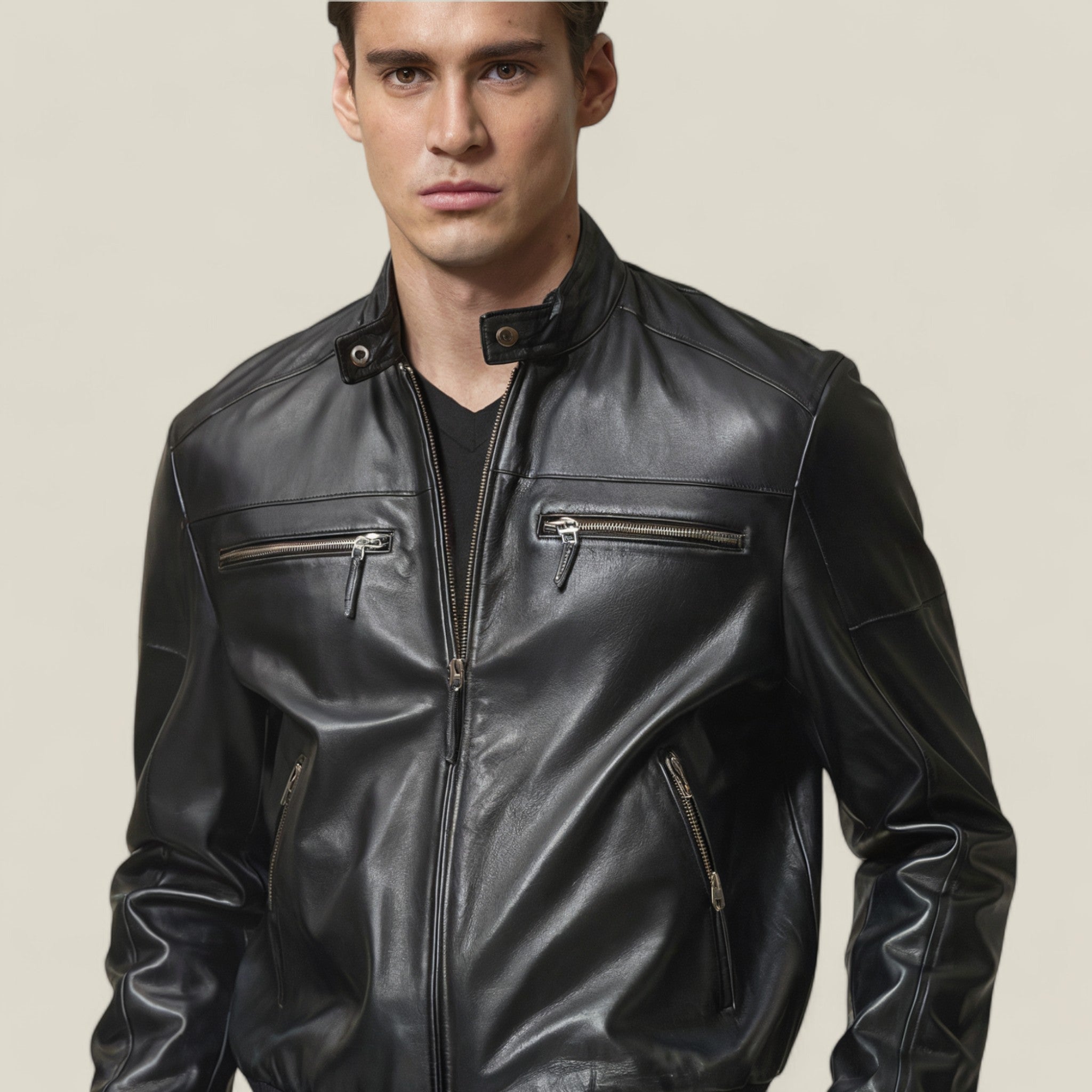 Milo - Veste en cuir classique avec col montant
