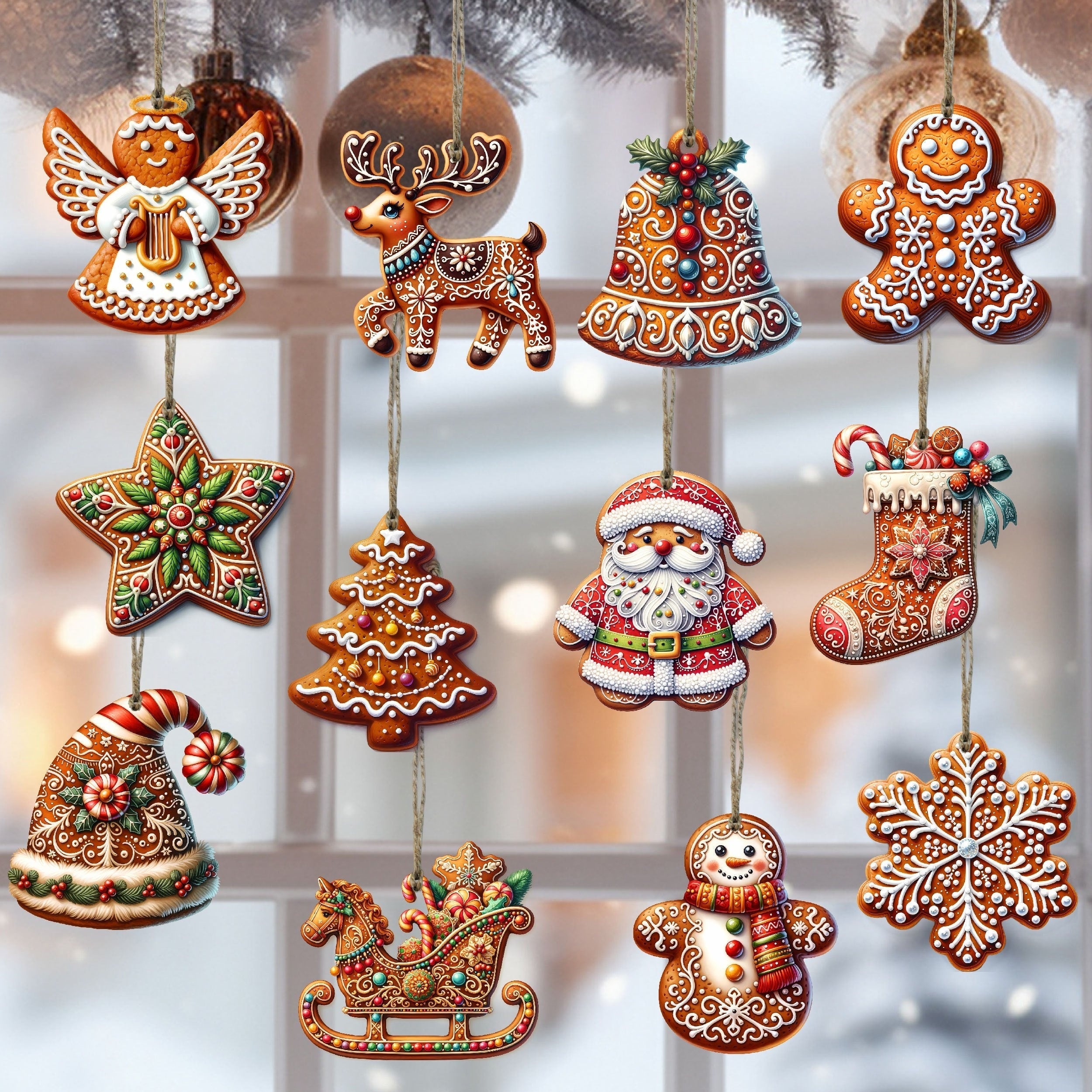 Ensemble de 12 ornements de Noël en bois faits main