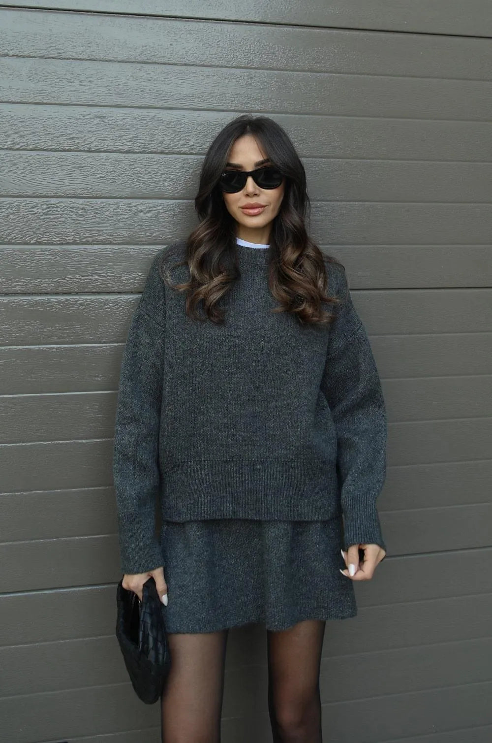 Celina - Pull en tricot à col rond et mini jupe, ensemble deux pièces