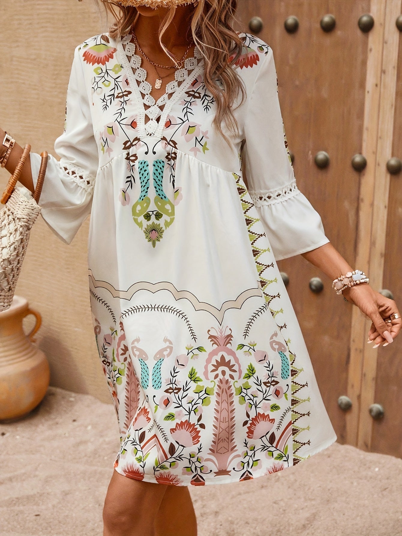 Robe Maxi Etnique Alma avec Col en V - Style Bohème pour Femmes