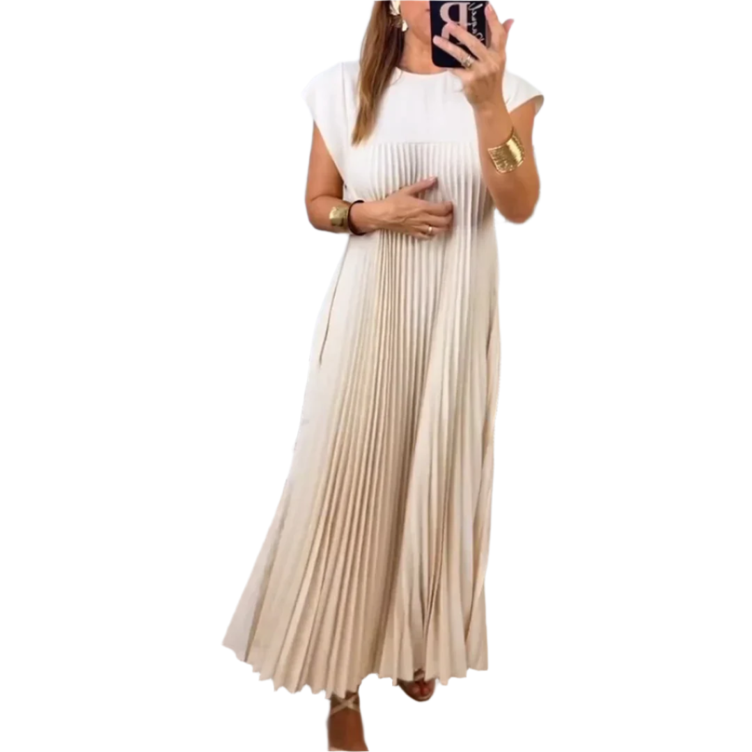 Elara - Robe Maxi Plissée à Manches Courtes