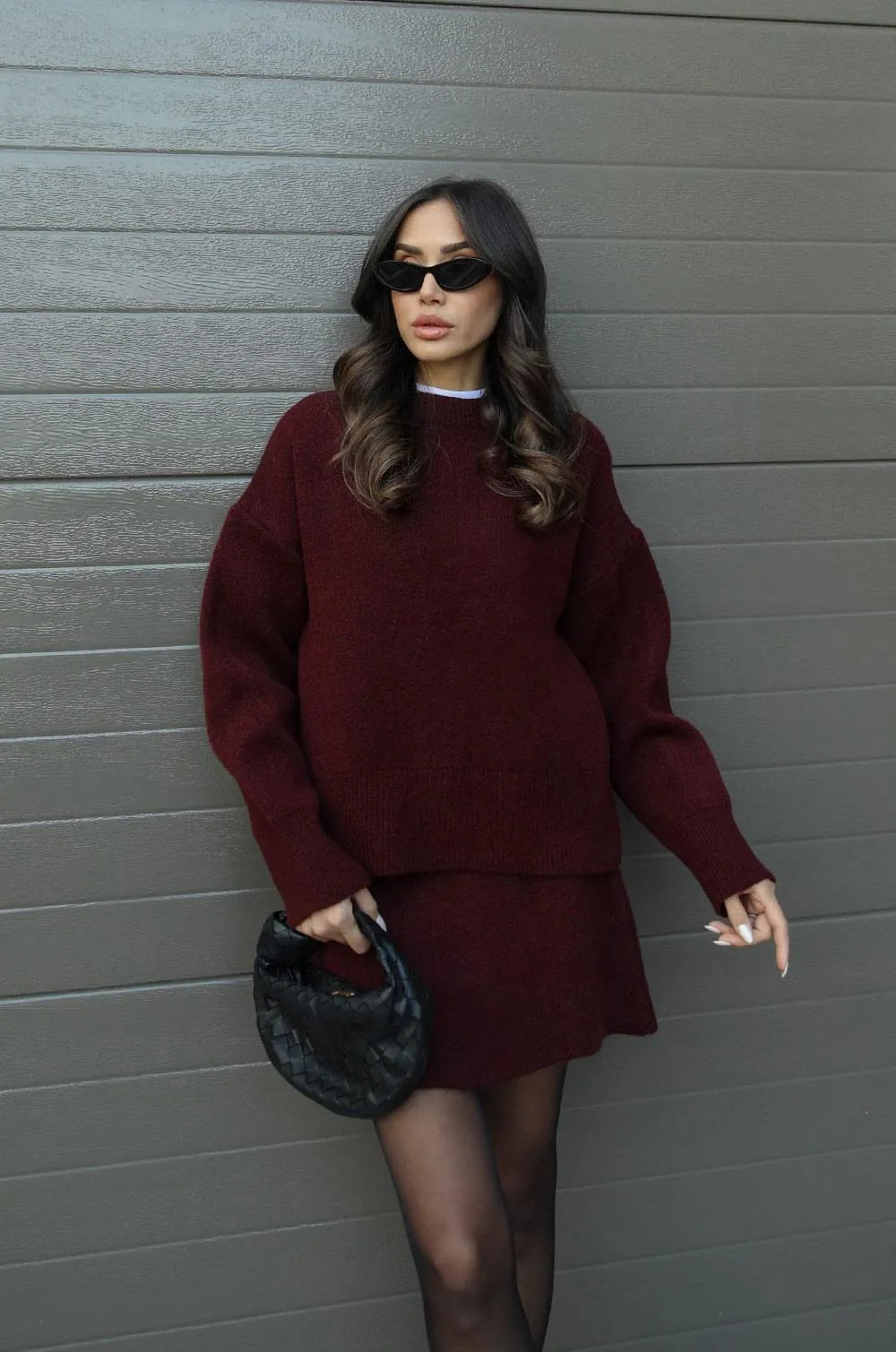 Celina - Pull en tricot à col rond et mini jupe, ensemble deux pièces