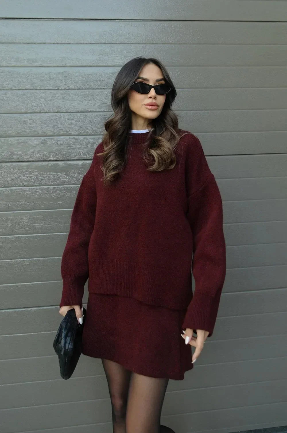 Celina - Pull en tricot à col rond et mini jupe, ensemble deux pièces
