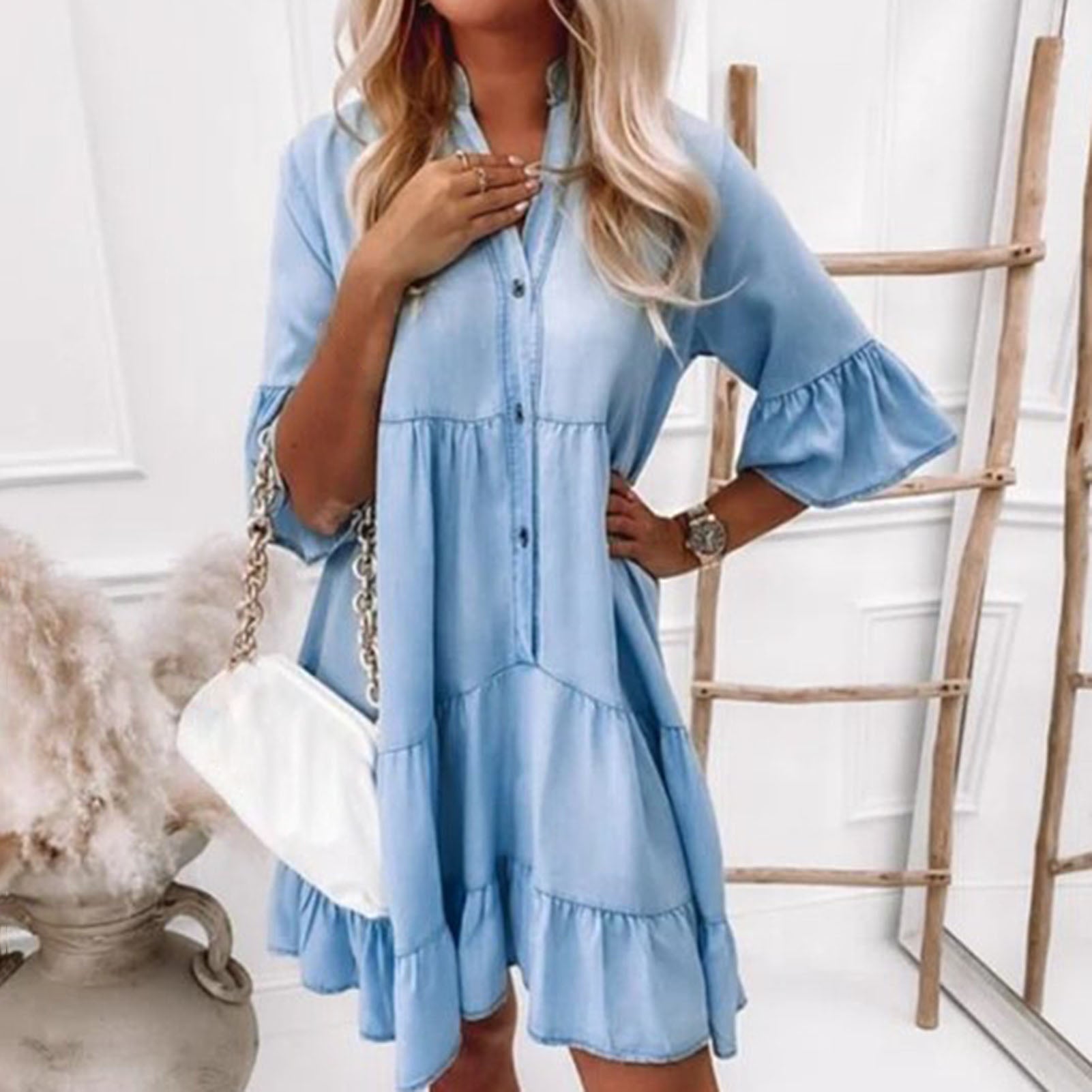 Medusa - Robe en denim sans effort avec silhouette à plusieurs couches et manches évasées