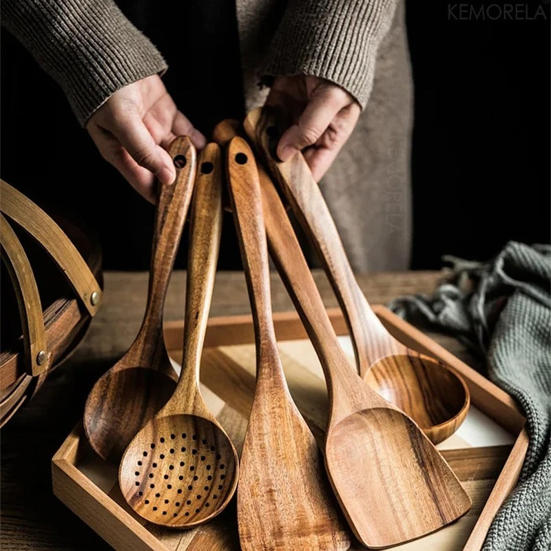 EcoWood - Ensemble d'ustensiles de cuisine en bois premium