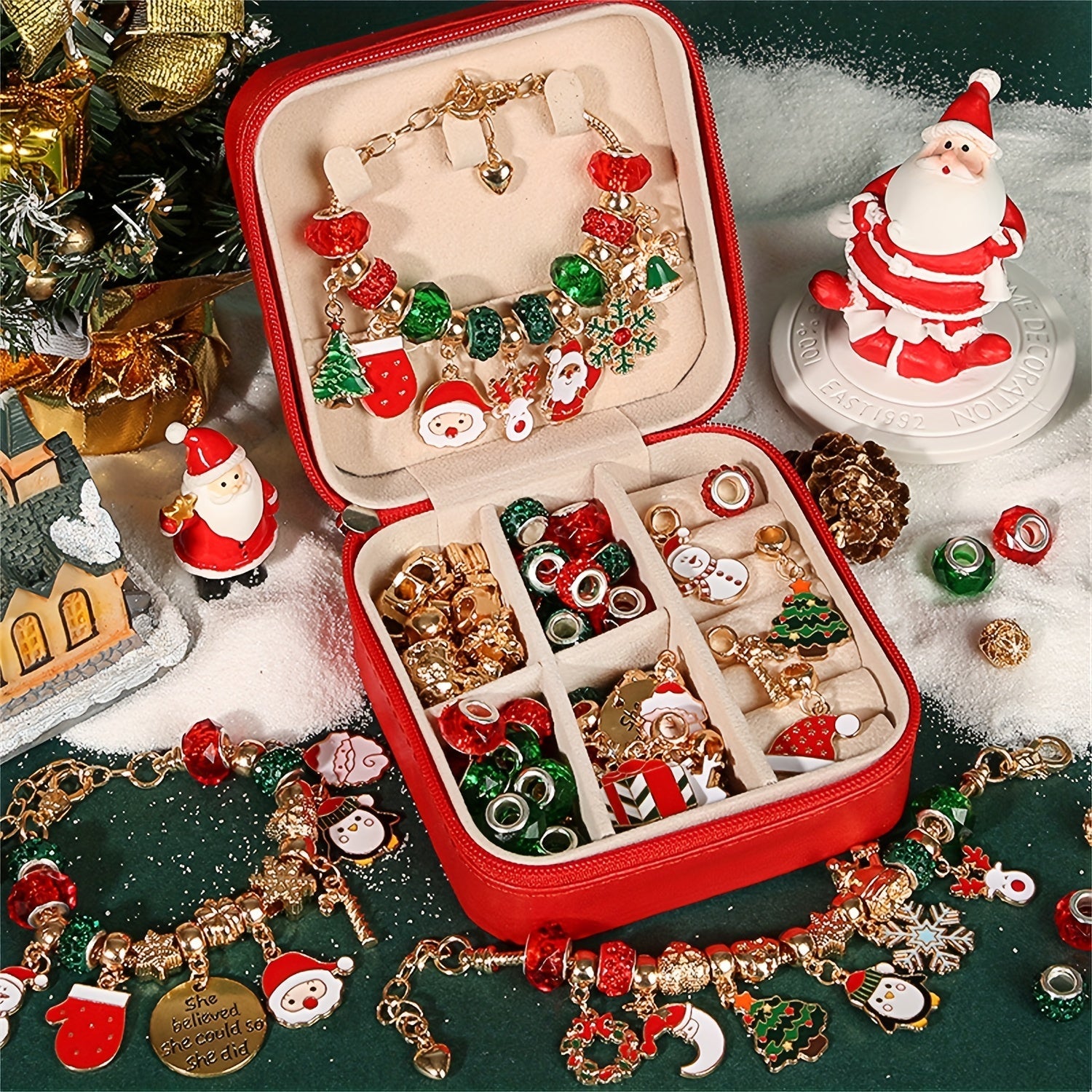 Kit de fabrication de bracelet charm de Noël, série élégante rouge et verte DIY perles