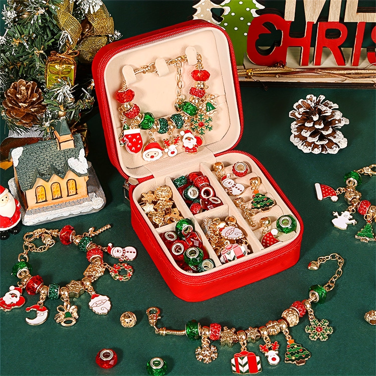 Kit de fabrication de bracelet charm de Noël, série élégante rouge et verte DIY perles