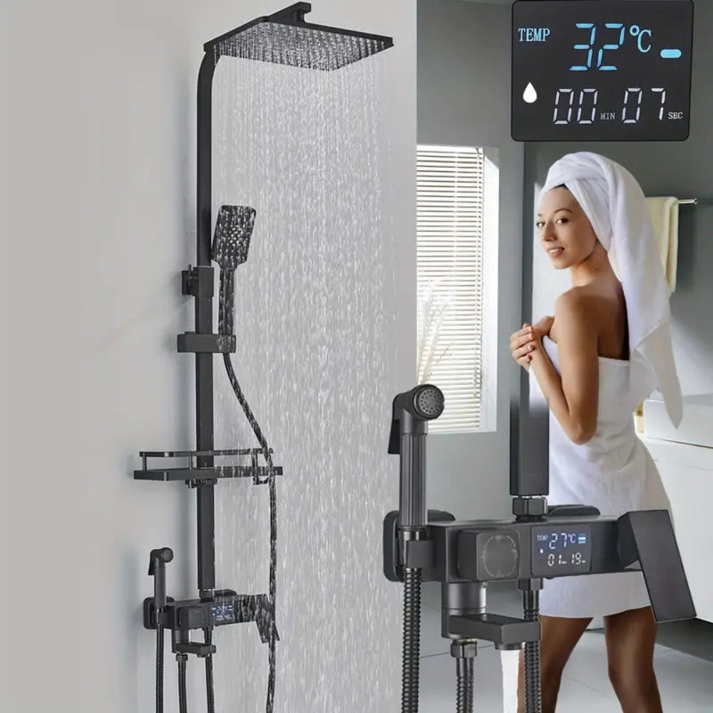 Système de douche noir luxueux – Ensemble de pomme de douche pluie avec douchette à main, mitigeur de baignoire et pistolet pulvérisateur