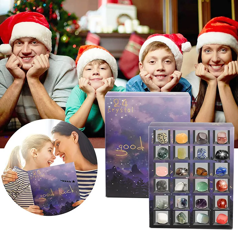 Calendrier de l'Avent de Noël de 24 jours Boîte à cadeaux Collection de pierres naturelles