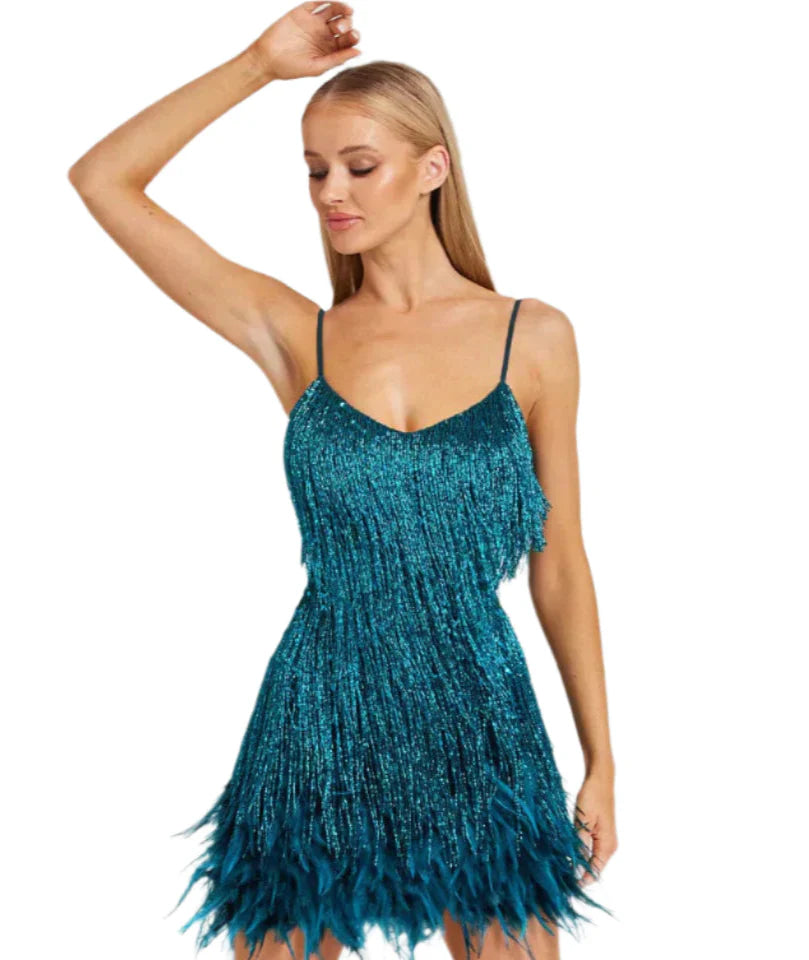 Franceska - Robe mini glamour avec franges et plumes