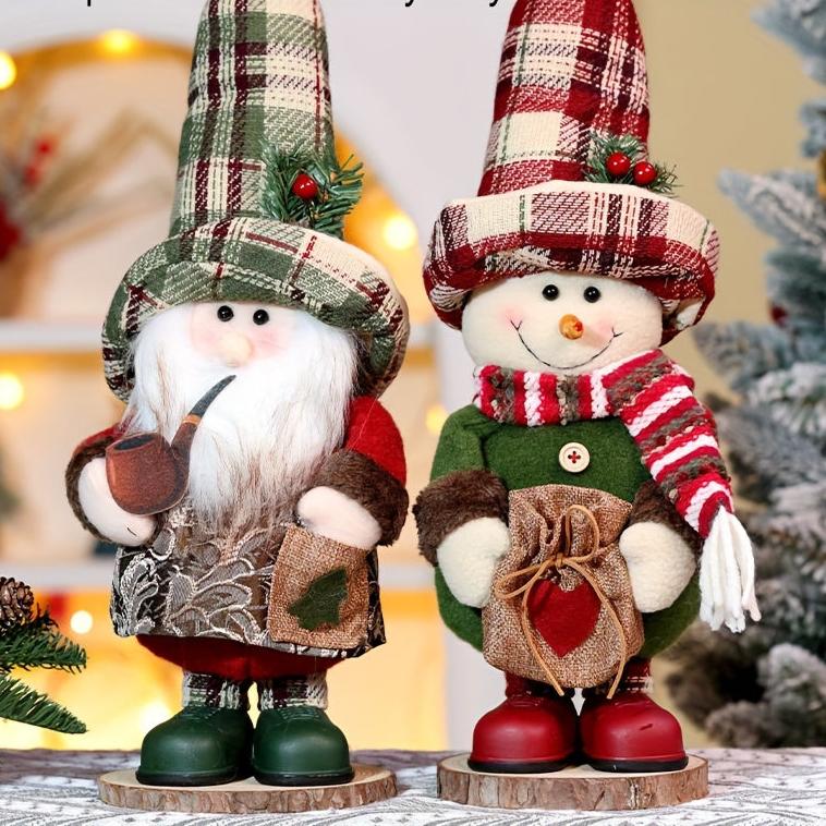 Figurine Vintage de Père Noël et Bonhomme de Neige à Carreaux