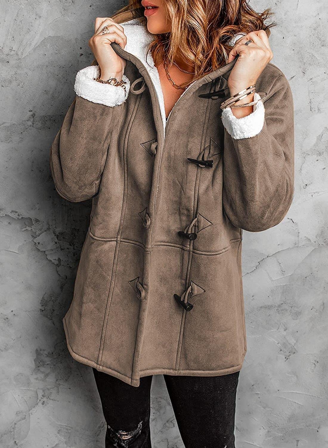 Therese - Manteau à capuche avec fermeture à bascule et doublure sherpa chaude pour femme