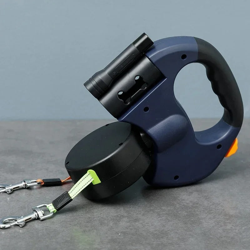 LumiLeash 2-en-1 Laisse Double pour Chien avec Lampe LED et Distributeur de Sacs à Déchets