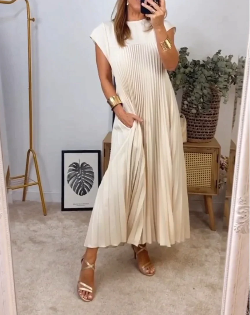 Elara - Robe Maxi Plissée à Manches Courtes