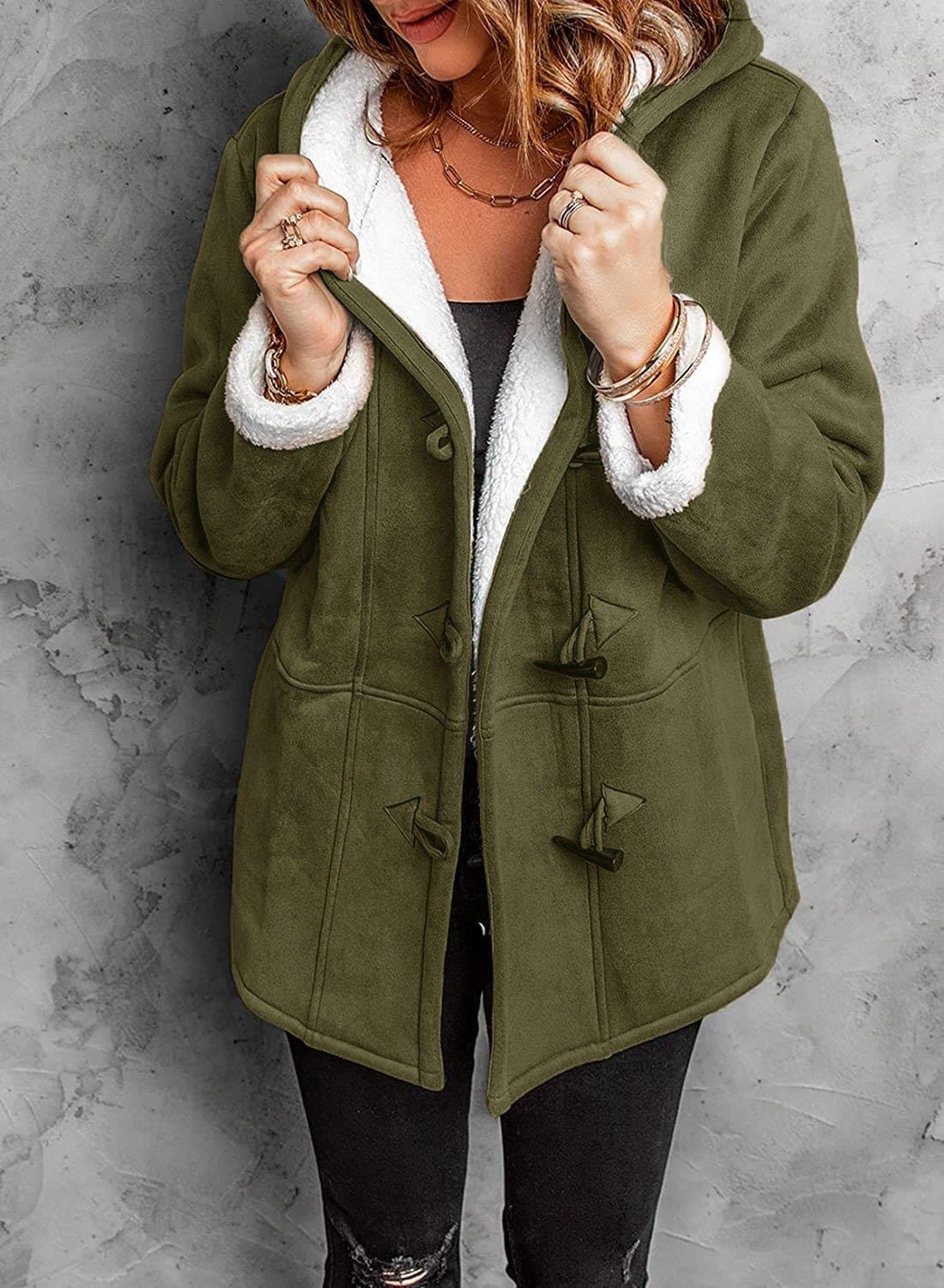 Therese - Manteau à capuche avec fermeture à bascule et doublure sherpa chaude pour femme