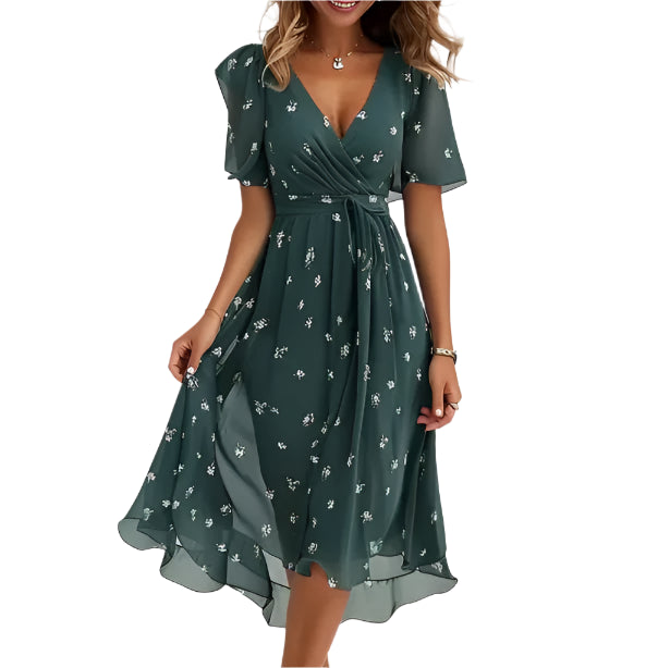 Mary - Robe portefeuille mi-longue fleurie à col en V pour femme