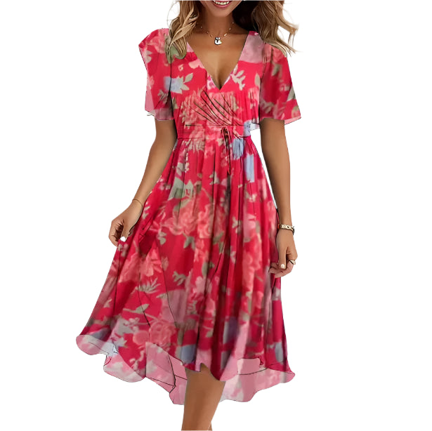 Mary - Robe portefeuille mi-longue fleurie à col en V pour femme