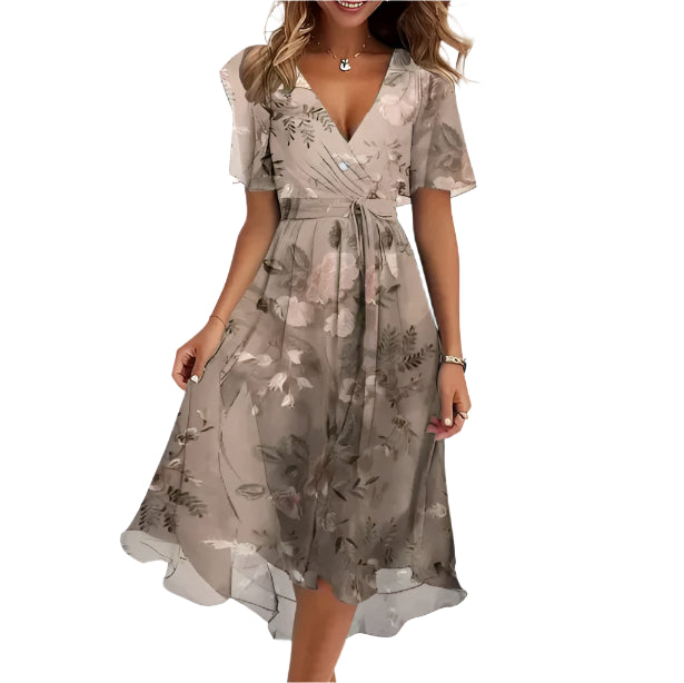 Mary - Robe portefeuille mi-longue fleurie à col en V pour femme
