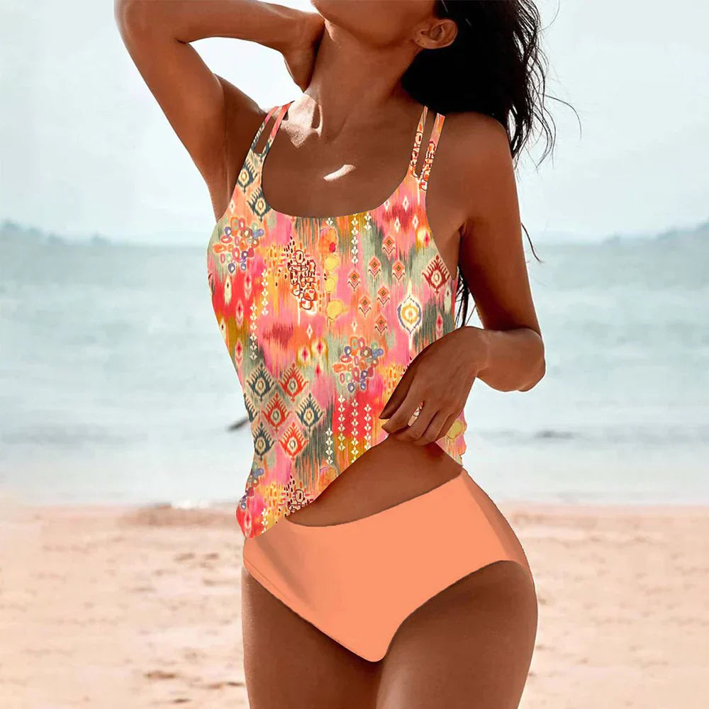 Fiona - Ensemble tankini imprimé mandala avec bas uni