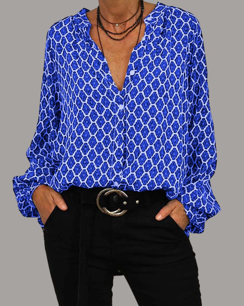 Rosie - Blouse à manches longues avec col en V et motif géométrique