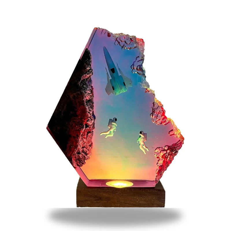 Lampe LED AuroraSphere – Design artistique unique en bois et époxy