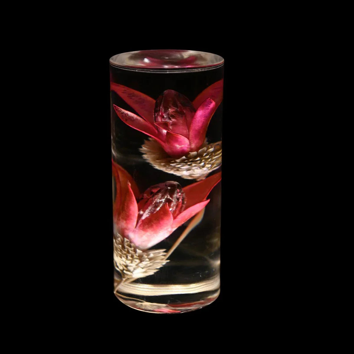 FloraGlow - Lampe de bureau LED avec socle cylindrique transparent rempli de fleurs