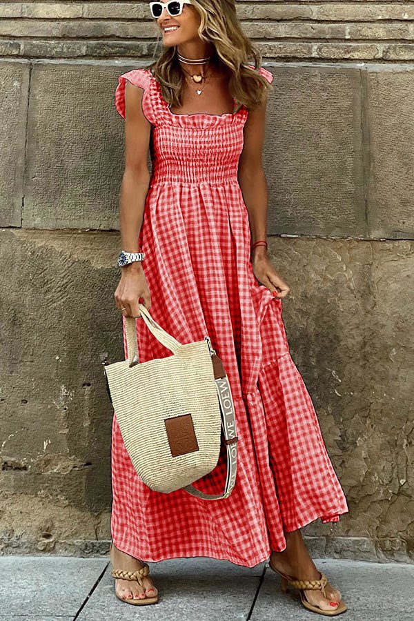 Amelia - Robe longue smockée à carreaux vichy