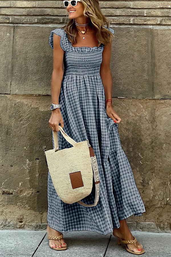 Amelia - Robe longue smockée à carreaux vichy