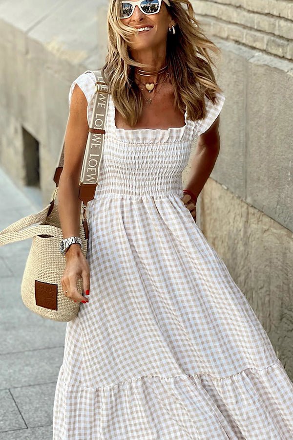 Amelia - Robe longue smockée à carreaux vichy