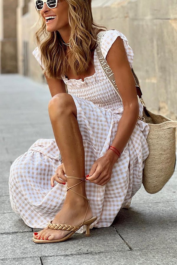 Amelia - Robe longue smockée à carreaux vichy