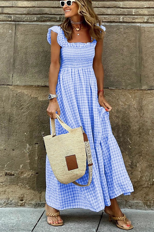 Amelia - Robe longue smockée à carreaux vichy