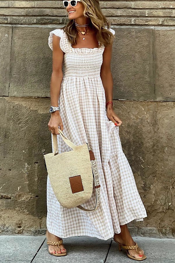 Amelia - Robe longue smockée à carreaux vichy