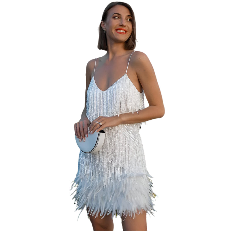 Franceska - Robe mini glamour avec franges et plumes
