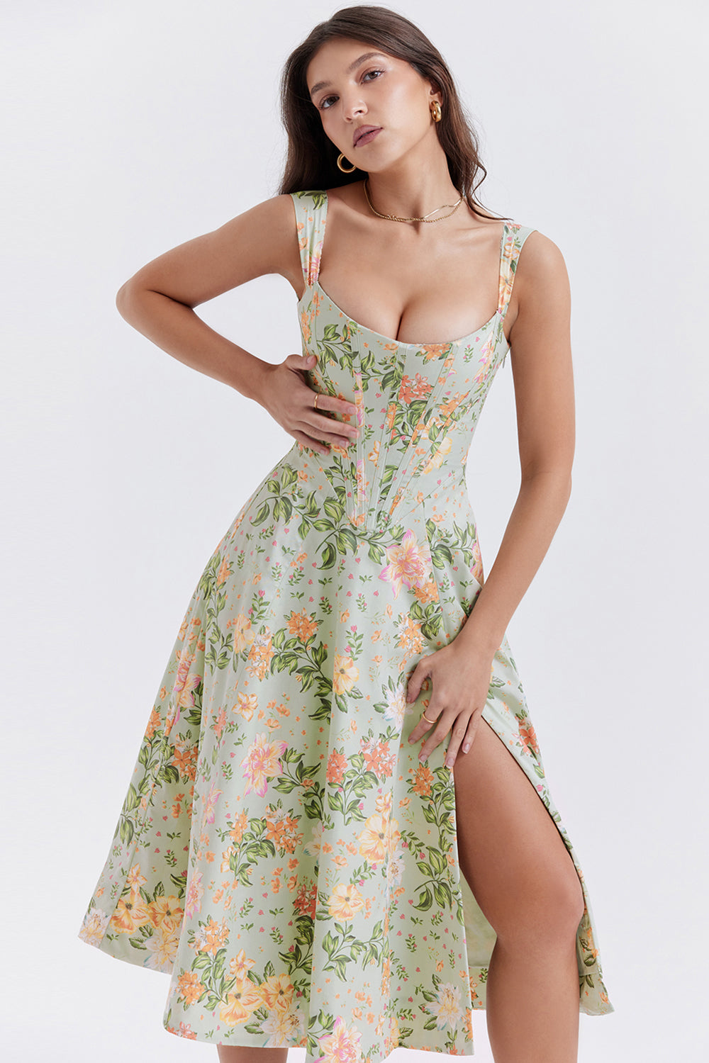 Nicole - Robe midi Sweetheart à bretelles florales