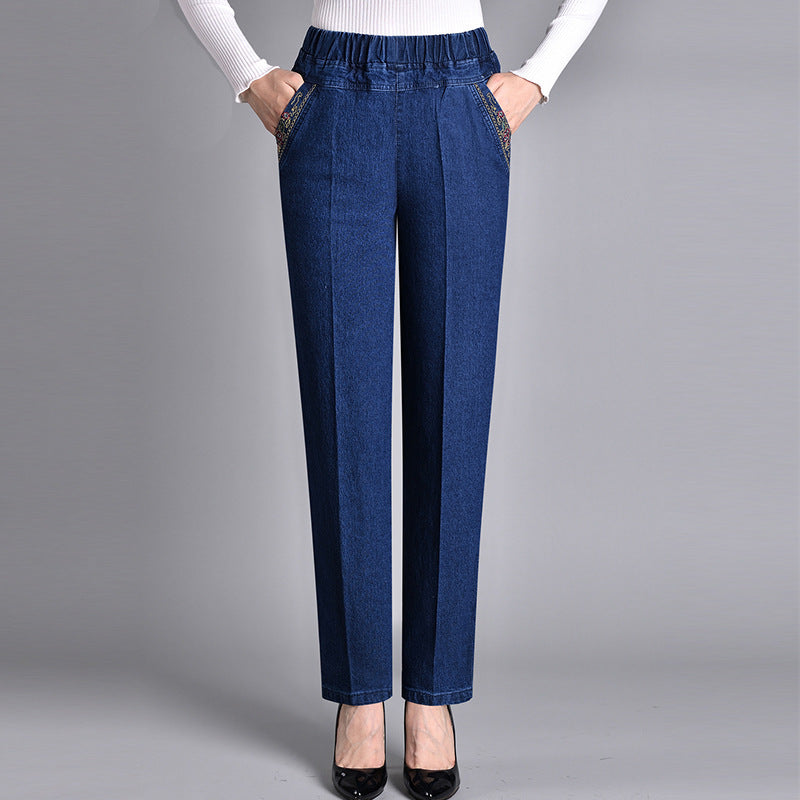 Jeans pour femmes avec poches latérales et ceinture élastique complète