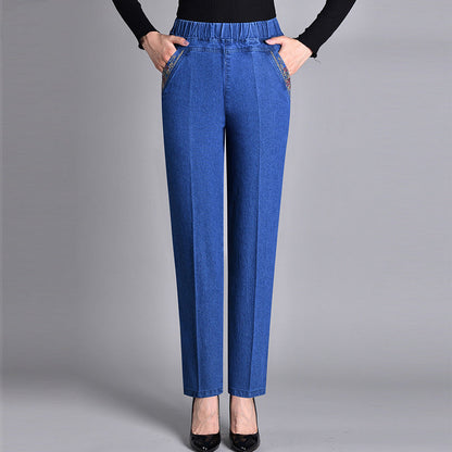 Jeans pour femmes avec poches latérales et ceinture élastique complète